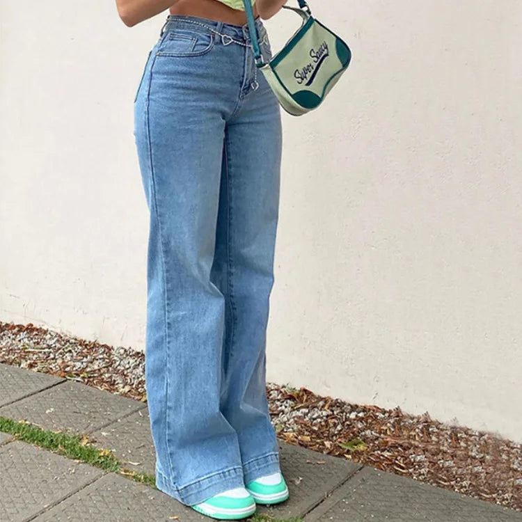 Hnewly Women Denim Flared Pants Casual Solid Color Stretchy High Waist Bell Bottom Jeans Streetwear Baggy Jeans For Women Trousers Y2K