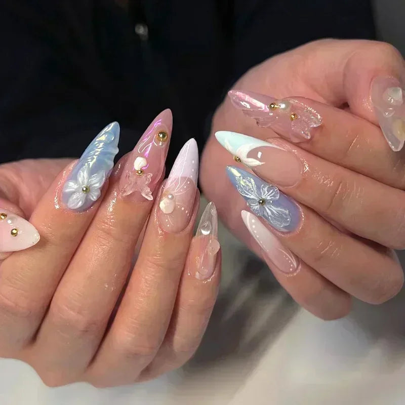 Hnewly 24Pcs White Almond False Nails Ballet with French Design Wearable Fake Nails Gradient Simple Full Cover Press on Nail Tips Art