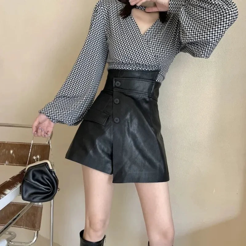 Hnewly  New A-line Skirt for Women High-waisted Slim High-end PU Leather Temperament