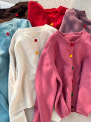 Hnewly  Rainbow Single Breasted Sweater O-neck Knitted Cardigan Korean Sweet Spring  Autumn New Lazy Style Long Sleeve Pink coat