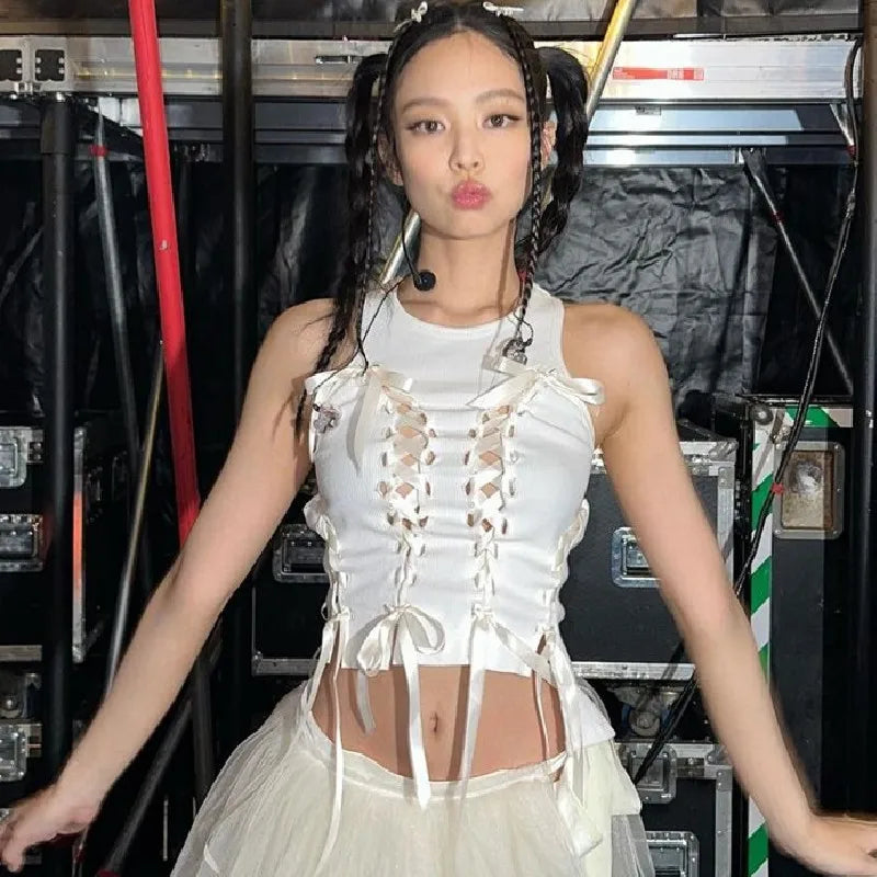 Hnewly Aesthetic Bow Cross Bandage Crop Top Women O Neck Sleeveless Ribbed Kawaii T Shirt Fashion Streetwear Cute Slim Vest