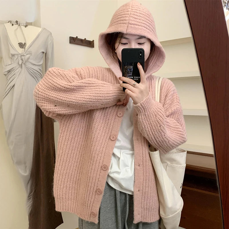 Hnewly  Hooded Cardigan Sweater for Women Morandi Pink Blue Button-Up Knitted Hoodie Jacket Autumn Winter Teen-girl Slouchy Knitwear