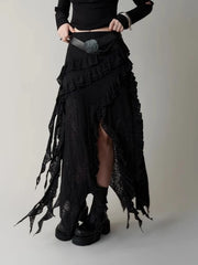 Hnewly  Gothic Black Y2k Skirts Women Gyaru 2000s Lace Irregular Long White Skirt Streetwear Irregular Ruffle Skirts Aesthetic