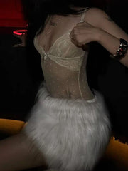 Hnewly  Cutenew Hottie See Through 2 Piece Set Women Sexy Jacquard V-Neck Sleeveless Tank Top+Furry Tassel Skirt Trend Party Clubwear