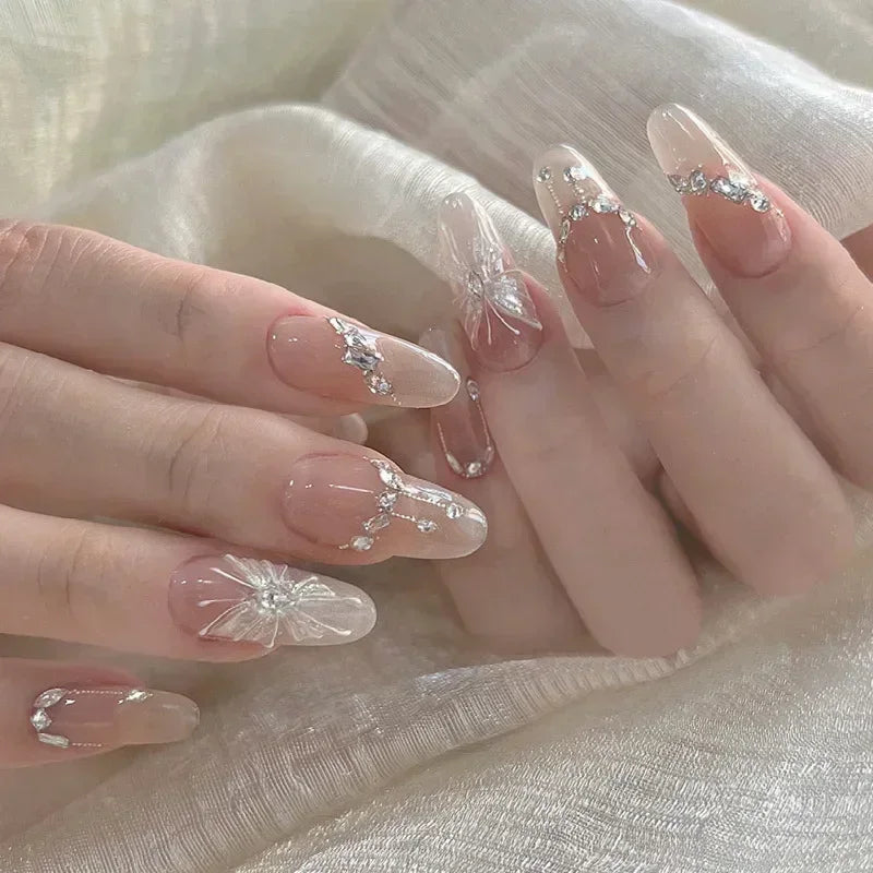 Hnewly 24Pcs Pink Almond French Press on Nails With 3D Bow ripple charms Design Fake Nails Ballerina False Nails Full Cover Nail Tips