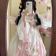 Hnewly  Sweet Lolita Princess Dress Women Cute Cartoon Rabbit Print Flower Ruffles Party Dresses Chinese Hanfu Style Kawaii Lolita Sets