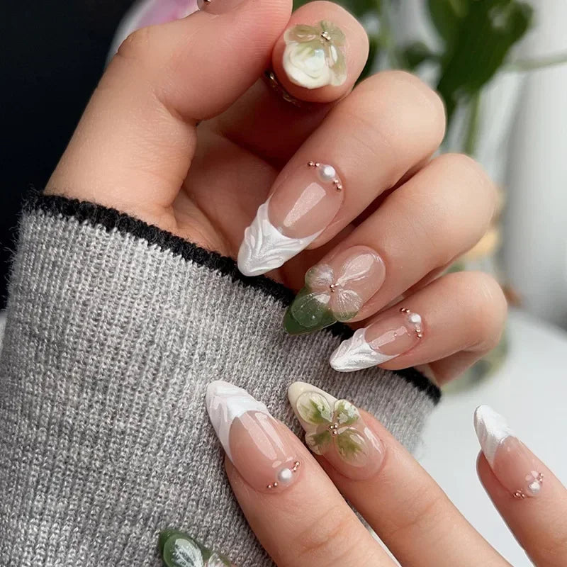 Hnewly 24Pcs Cat Eye Press on Nails with Almond Head Bow Diamond Stick on False Nail Sweet Pink French Full Cover Artificial Nails Tips