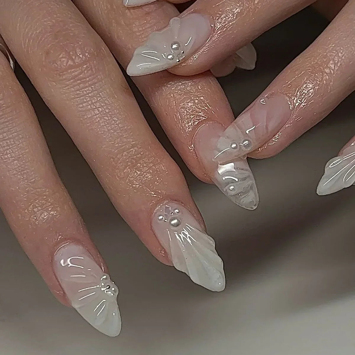 Hnewly 24Pcs Pink Almond False Nails Butterfly Ballet with French Design Wearable Fake Nails Simple Artificial Press on Nails Tips Art