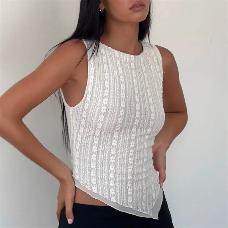 Hnewly Lace Tank Top y2k Clothes Women Sheer Floral Round Neck Sleeveless Asymmetrical Hem T Shirt 2000s Clothing Streetwear