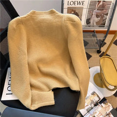 Hnewly  Elegant Metal Button Sweater Solid Long Sleeve Korean  O-Neck Puff Sleeve Knit Cardigan Coat Women Spring  Autumn Loose Top