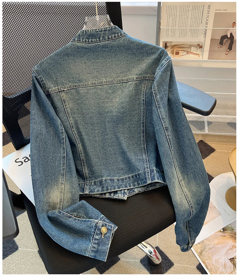 Hnewly  Fashion Denim Jacket Loose Casual Retro Jeans Short Coat Women's Spring Autumn Elegant Korean Standing Collar Long Sleeve Top