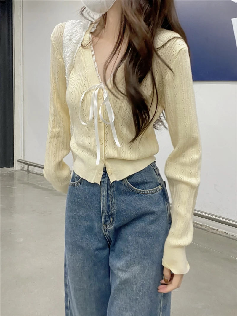 Hnewly  Women's Pointelle Knit Cardigan with Bow Long Sleeve Button Front Sweater Openwork Cardi Teen-girl Fairycore Balletcore Outfit