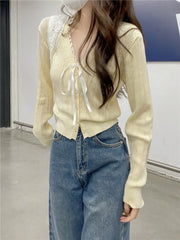 Hnewly  Women's Pointelle Knit Cardigan with Bow Long Sleeve Button Front Sweater Openwork Cardi Teen-girl Fairycore Balletcore Outfit