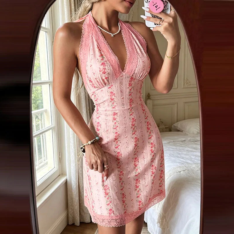 Hnewly  Chic Printed Women'S Dress Sleeveless Halter Lace Patchwork Waist-Closed Lace-Up Mini Dresses Summer Elegant Female Robe