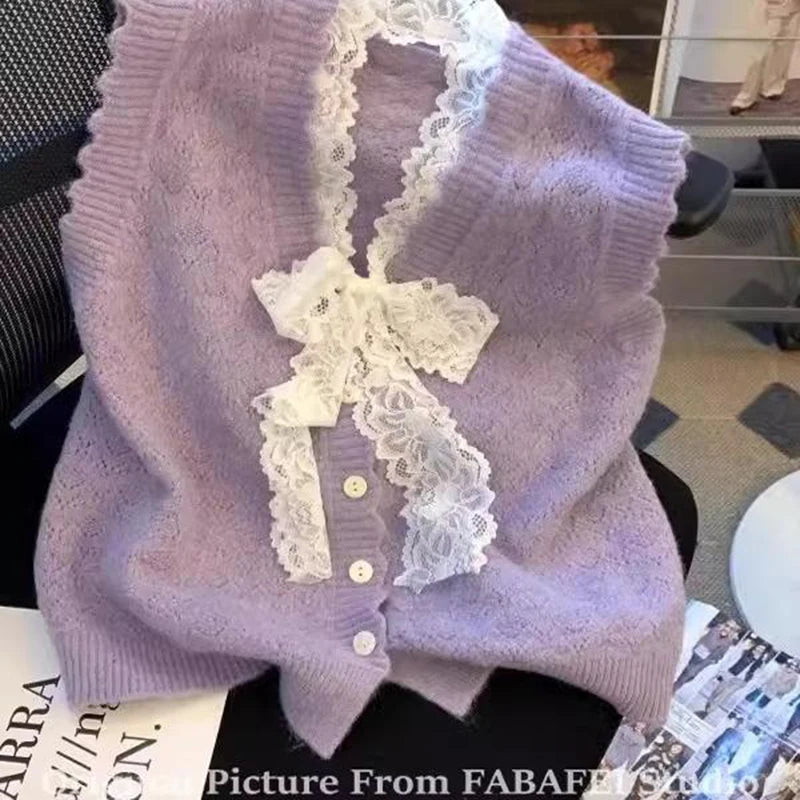 Hnewly  Elegant Lace Bow Sweater Vest Women's 2025 New Spring Autumn Sleeveless V-neck Knitted Pullover Korean Version Versatile Top