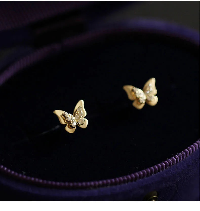 Needles Ear Piercing Zircon Moon Butterfly Flower Gold Color Stud Earrings for Women Sweet Fashion Girl Jewelry Gift