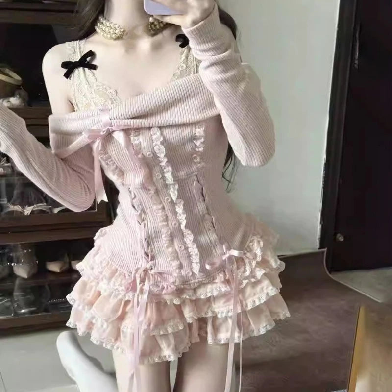 Hnewly  Y2k Aesthetic Two Pieces Set Slash Neck Bow Knitted Women Sweater + Sweet High Waist Lace Patchwork A-Line Skirts Grunge Suit