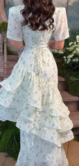 Hnewly  Women Chic V-neck Ruffle Puff Sleeves Flowy Dress Cream Floral Ruched Waist-cinching Dresses Ladies New Daily Party Gowns