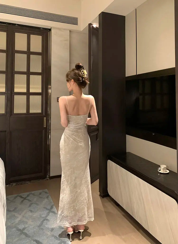 Hnewly  Woman Dress Backless Lace Patchwork Sleeveless Slash Neck Slim Sexy Temperament Party Dresses Female Elegant Chic