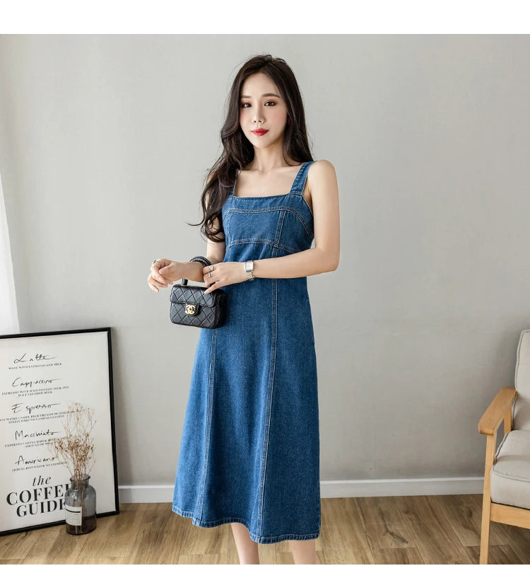 Hnewly  Denim Spaghetti Strap Dress New Summer Women's Retro Strap A-Line Dress Classic Blue Tea-Length Versatile Slim Sun Dresses