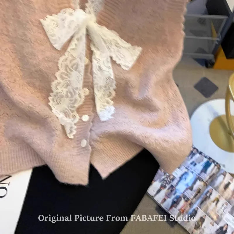 Hnewly  Elegant Lace Bow Sweater Vest Women's 2025 New Spring Autumn Sleeveless V-neck Knitted Pullover Korean Version Versatile Top