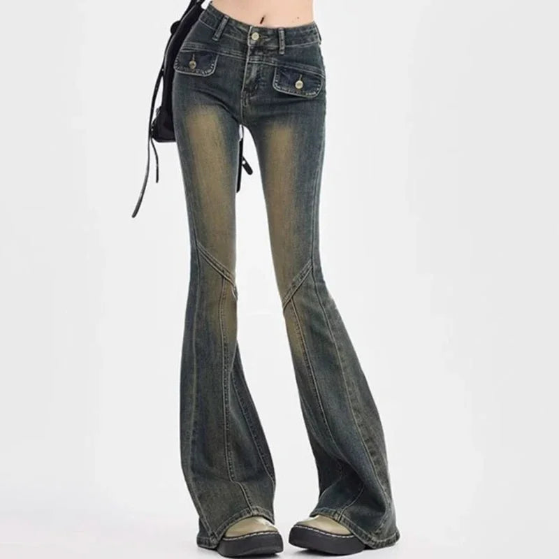 Hnewly Woman High Waist Elastic Spliced Wide Leg Jeans Female Vintage Slim Fit Flare Pants Lady Blue Black Grey Denim Trousers Big Size