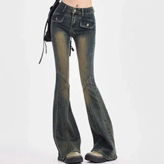 Hnewly Woman High Waist Elastic Spliced Wide Leg Jeans Female Vintage Slim Fit Flare Pants Lady Blue Black Grey Denim Trousers Big Size