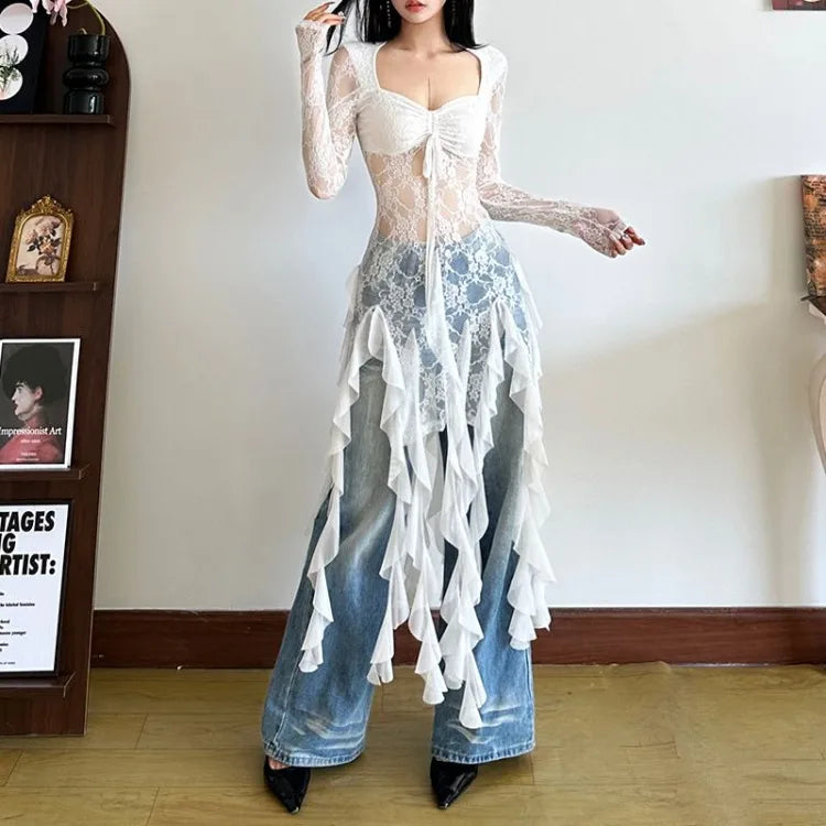 Hnewly  Sexy See Through Mesh White Tops Mujer Square Collar Patchwork T-shirts Forwomen 2025 Summer New Long Sleeve Tee Shirt