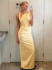 Hnewly  Slanted Collar Halter Long Dress Female Summer New Ruched Backless Dress Sexy Bodycon Slit Women's Vacation Party Dress