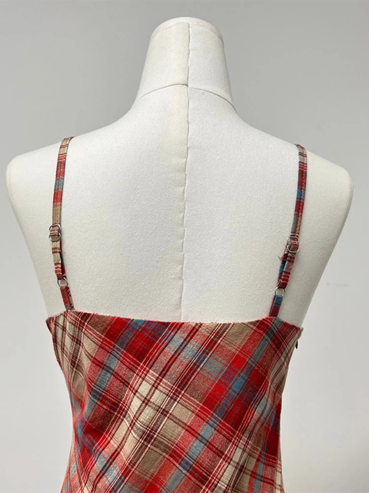 Hnewly Retro Classic Plaid Design Women Slim Suspender One-Piece New Lace Patchwork Female V-neck Ankle-Length Dress Cozy Chic