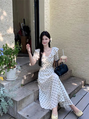 Hnewly  Woman Dress Polka Dot Puff Short Sleeve Ruffles Bandage V Neck Temperament Sweet Dresses Elegant Female Fashion