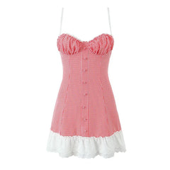 Lunivop  Sexy Sweet Women Patchwork Sling Mini Dress Vintage High Wasit Lace Up Back A-line Summer Dresses Holiday Robe
