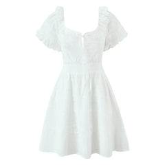 Lunivop  Pretty Girl Holiday Summer Dresses Women O Neck Short Sleeve A-line Mini Hollow Out Embroidery White  Dress Backless Robe