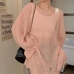 Hnewly Gothic Sweater y2k Clothes Women Solid Color Round Neck Long Sleeve Ripped Knitted Top 2000s Grunge Clothing Streetwear
