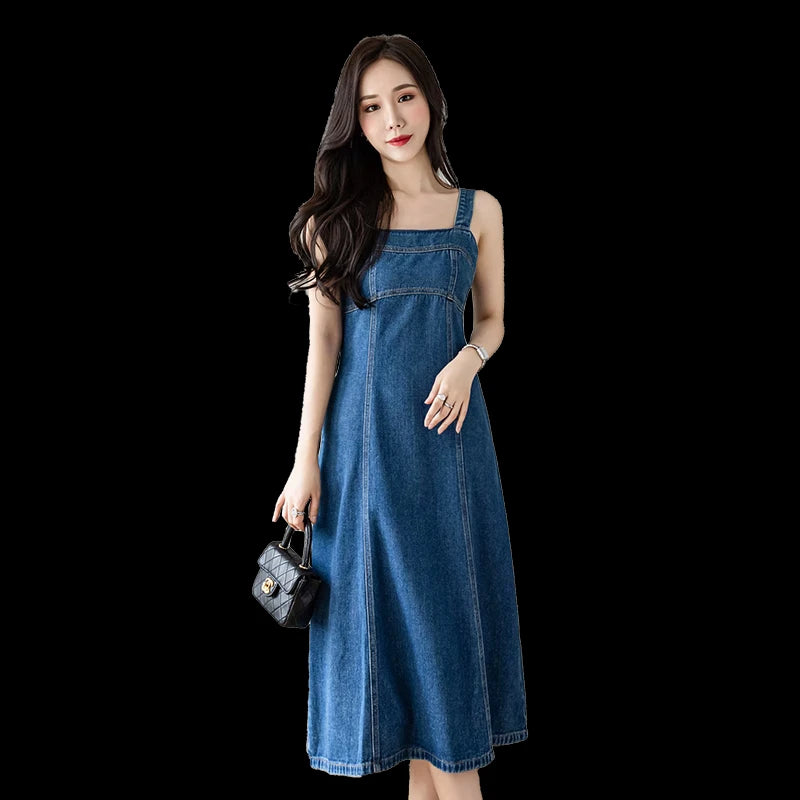 Hnewly  Denim Spaghetti Strap Dress New Summer Women's Retro Strap A-Line Dress Classic Blue Tea-Length Versatile Slim Sun Dresses