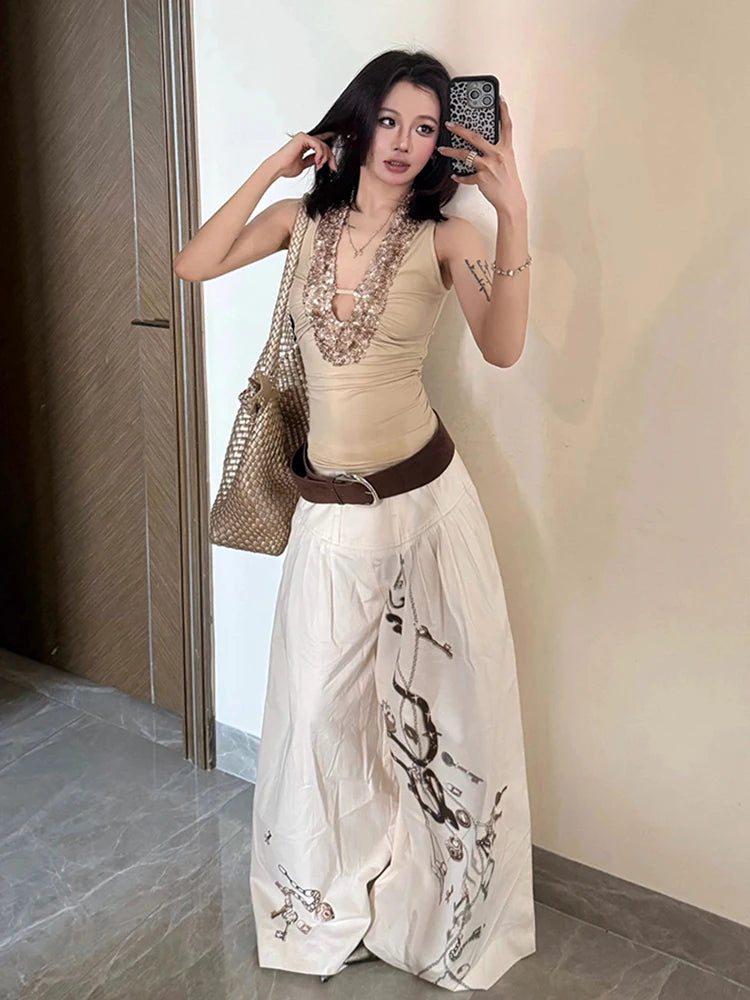 Hnewly Glitter Tank Tops Women Y2K Sequins Ruched Deep v-Neck Skinny Elastic Chic Basic Classic Summer Trend Street Vest