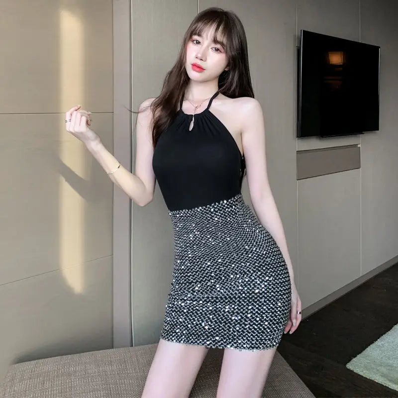 Hnewly Women's Stylish Sexy Short Skirts Sequin Hip Elasticity High Waist Korean Style Fashion Wrap Tight Mini Skirt for Women Elegant