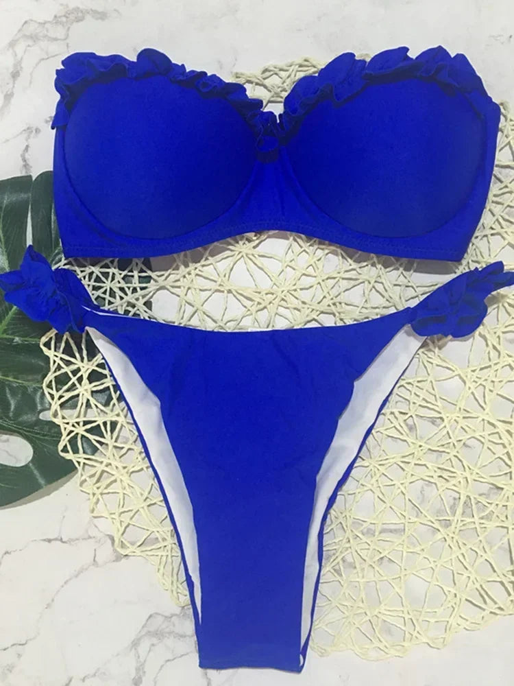 Hnewly  Leopard Ruffled Bra Cup Bikini Women Bandeau Swimsuit Female Swimwear Two Pieces Bikini Set Push Up Bathing Suit Swim Lady