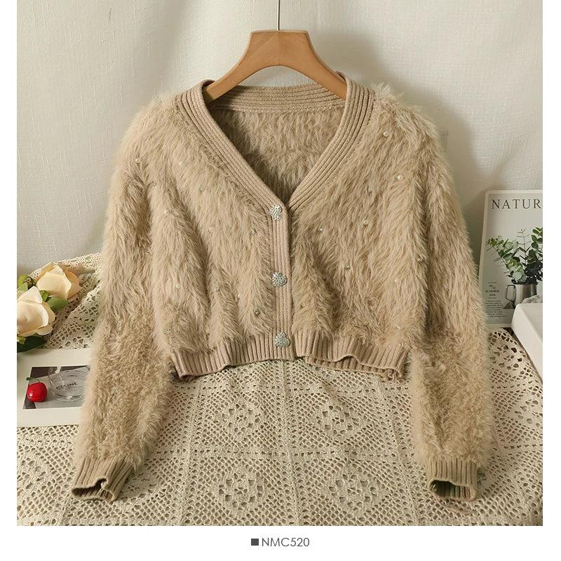 Hnewly  Heart Button Plush Soft Sweater Coat Autumn/Winter New Women's Fashion Shiny Diamond V-Neck Short Knitted Cardigan Top
