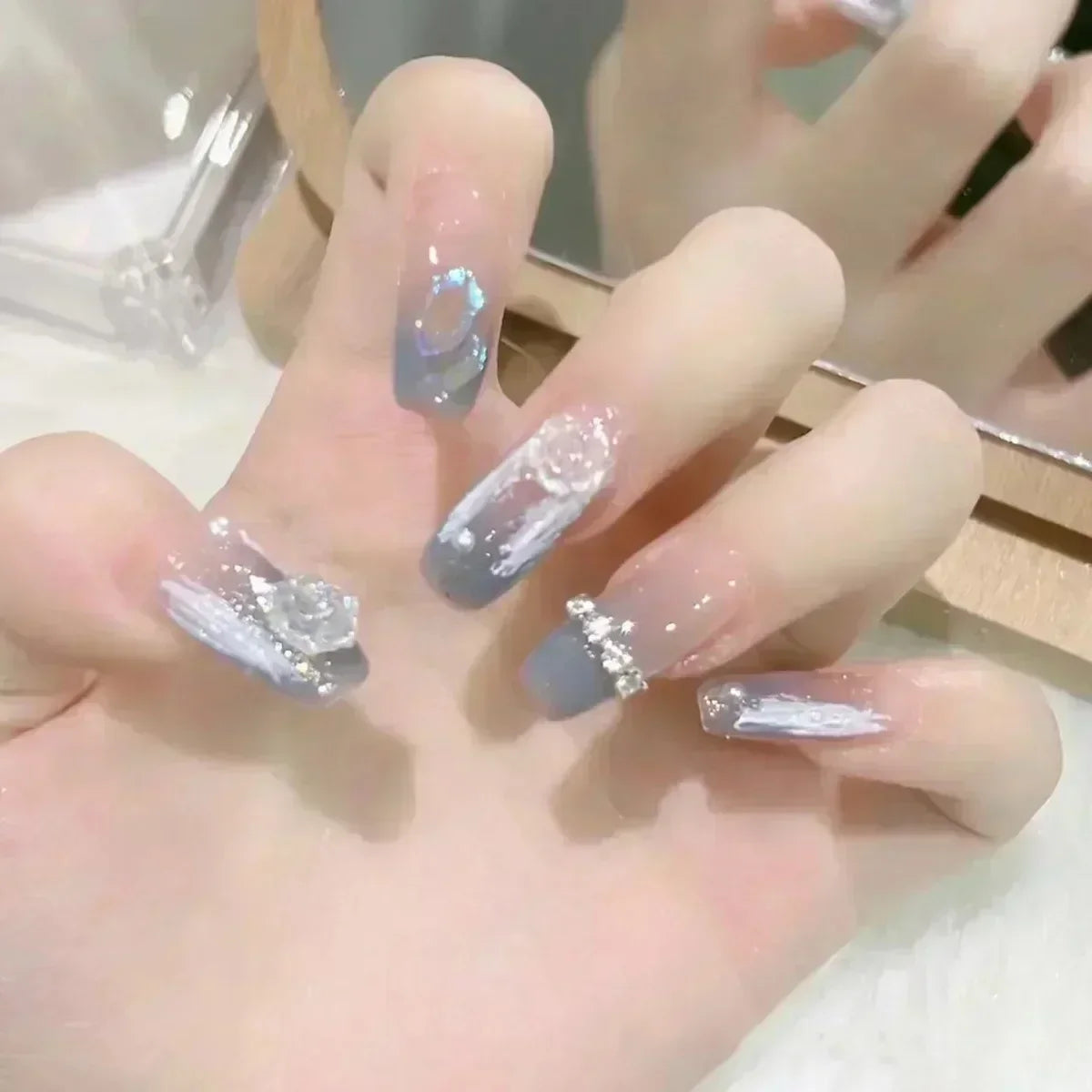 Hnewly 24Pcs False Nails French Gradient Ballet Fake Nails Press on Nails Black Heart Rhinestone Design Glitter Full Cover Nail Tips