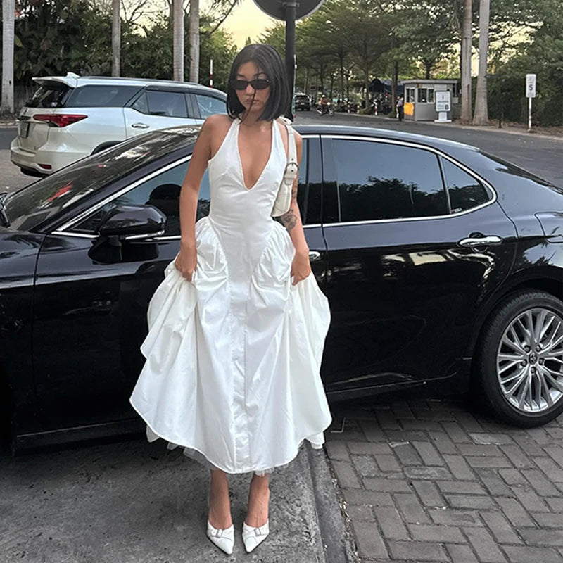 Hnewly Casual Y2K Backless Long Dress Elegant Slim Fit Hanging Neck Design Summer For High Street Commuting Evening Sexy Gown