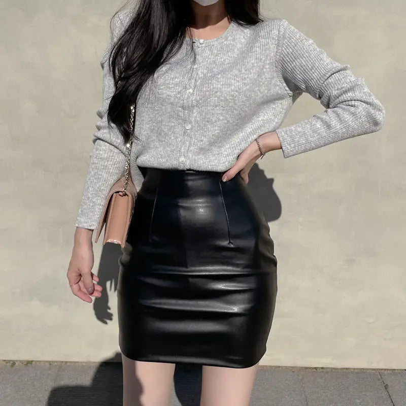 Hnewly Black Mini Pu Leather Skirt Women Korean Fashion High-Waisted Elasticity Punk Style Bodycon Goth Sexy Skirts Female