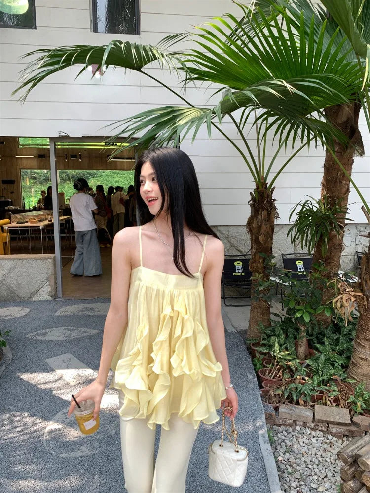 Hnewly  Camis Women Sweet Ruffles Patchwork Slash Neck Backless Summer Fashion Solid Tank Tops Female French Style Chic