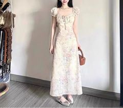 Hnewly  Women Dress Puff Short Sleeve Floral Printed Square Collar Summer Fashion Bandage Sweet Elegant Female Dresses Casual