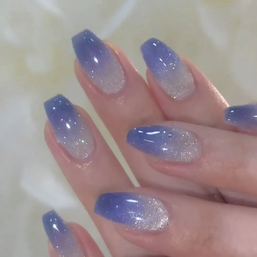 Hnewly French False Nails White Edge Crystal Blue Gradient Press on Nails Gold Glitter Sequins Lines Full Cover Nail Tips Women Girls