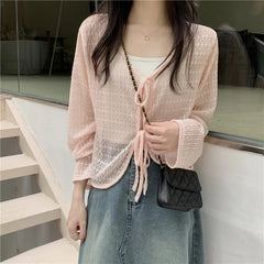 Hnewly  Bow Front Cardigan for Women Petite Teen-girl Sheer Long Sleeve Tie-up Blouse Knit Top Beach Cover Up Y2K Fairycore Outfit