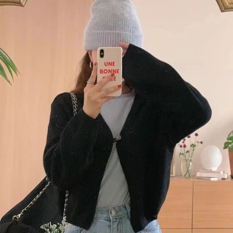 Hnewly  One Button Cardigan for Women Long Sleeve Single Button Up Plain Sweater Jacket Shrug Cardigan Teen-girl Y2K Outfit