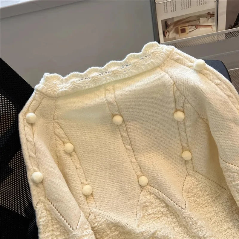 Hnewly  Korean Sweater Cardigan Women's Spring Autumn 2025 Versatile Soft Knitted Jacket Elegant Lace Single Breasted Long Sleeved Top