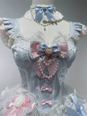 Hnewly  Lolita Blue Pink Dress for Women Summer New Sweet Elegant Lace Bow Girls Short Suspenders Dress Jsk Princess Dress Vestidos