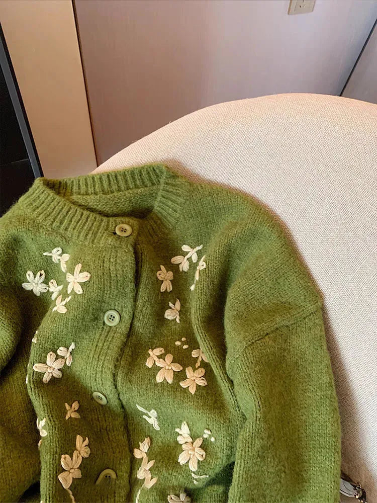 Hnewly  Green Crochet Knitted Sweater Women's Retro Soft  Embroidery Loose Long Sleeved Jacket Round Neck Single Breasted Cardigan Top